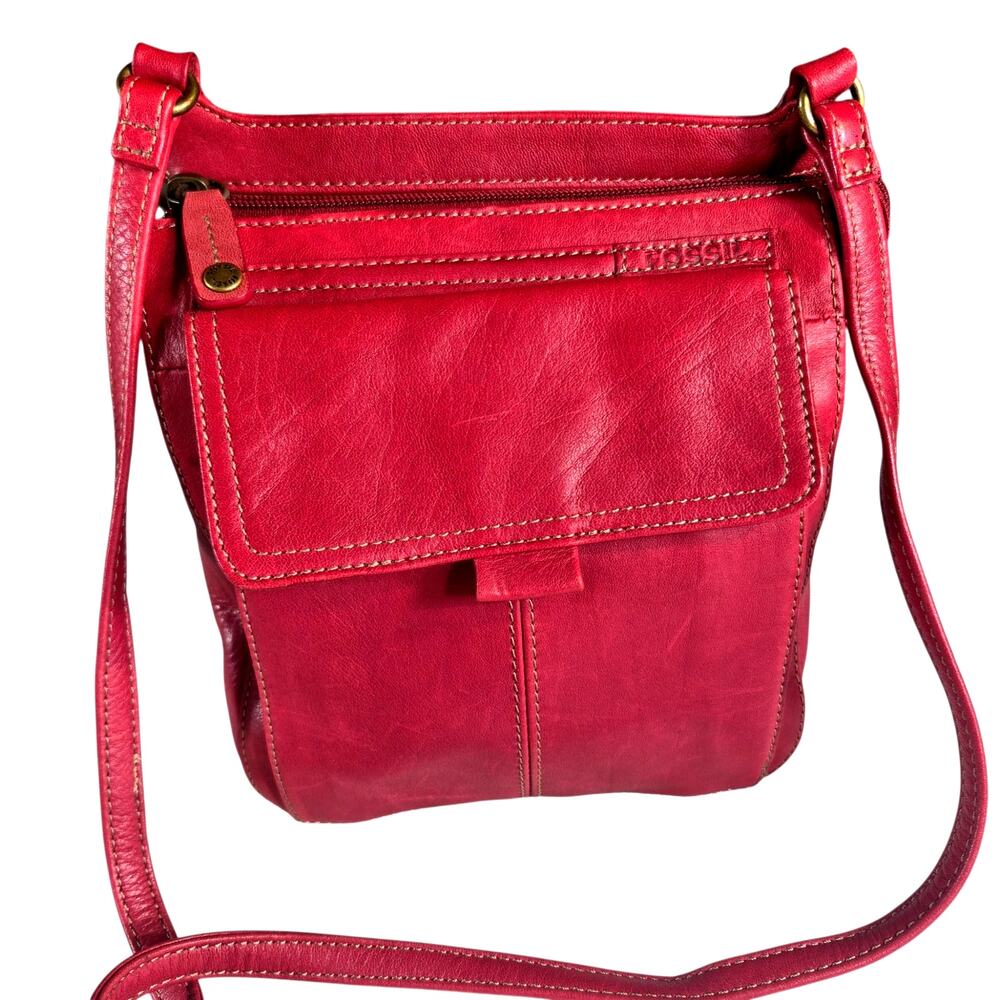 Vintage Fossil Red Leather Crossbody Messenger Utility Organizer Bag - Picture 2 of 9